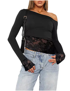 Long Sleeve Lace Patchwork Off-Shoulder T-Shirt