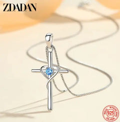 ZDADAN 925 Silver Blue Zircon Cross Pendant Necklace for Women