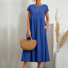 Solid Color Sleeveless Cotton-Linen Pocket Dress