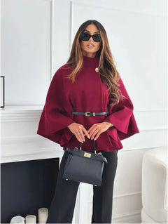 Winter Fashion Solid Color Waist Tight Strap Woolen Cloak