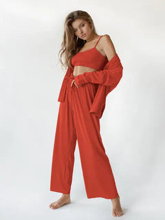 Ribbed Drop Sleeves Sleepwear Women Set