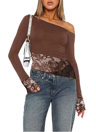 Long Sleeve Lace Patchwork Off-Shoulder T-Shirt