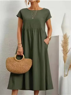 Solid Color Sleeveless Cotton-Linen Pocket Dress