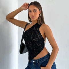 Fairy Lace Cami Top – Sexy One-Shoulder Mesh Crop Tank